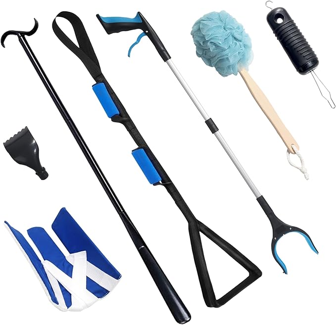 7PC Hip Replacement Kit After Surgery, Recovery Kit for Seniors with Grabber Reacher Tool, Sock Aid, 42" Leg Lifter Strap, Dressing Stick, Shoe Horn (33" Reacher Grabber Shoehorn Dressing Stick)