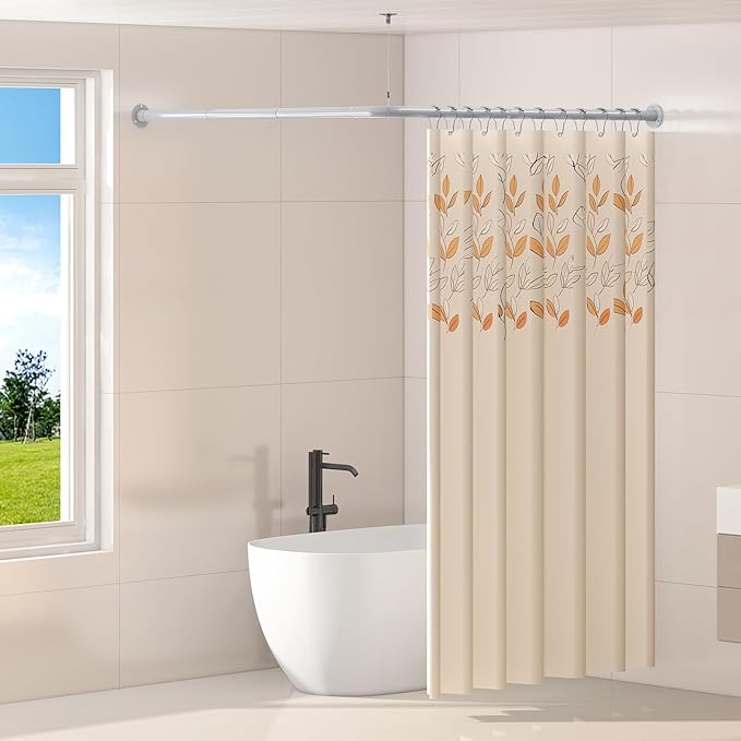 L Shaped Corner Shower Curtain Rod, 39" - 69" x 55" - 85" Adjustable 90 Degree Curved Bathroom Rod Square Rail No Sag with 12 Hooks & Ceiling Support - Silver Gray
