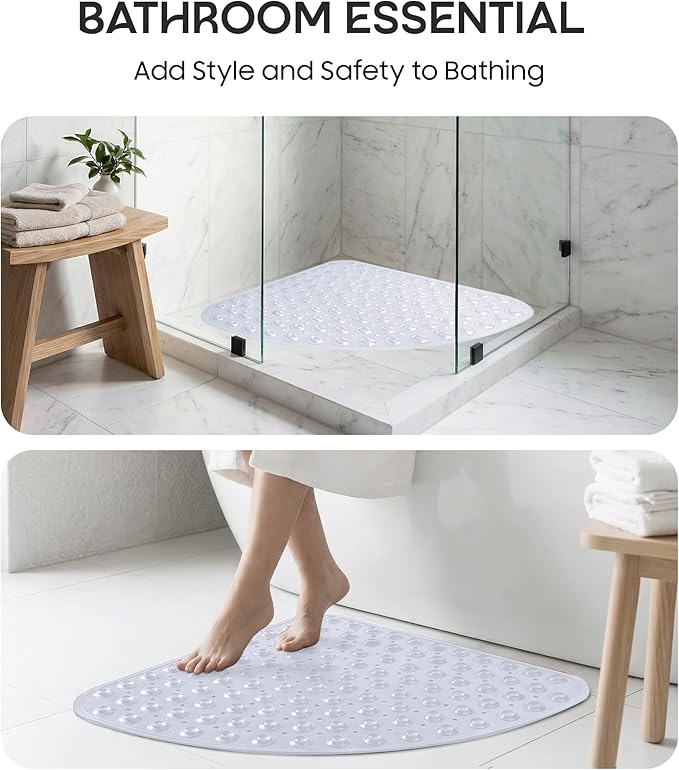 ADOV Corner Shower Mat Non Slip, 21x21 inch Curved Shower Mats for Inside Shower, Anti-Slip Bath Mat with Strong Suction Cup, Drain Holes, Machine Washable, Ideal for the Elderly (Clear)