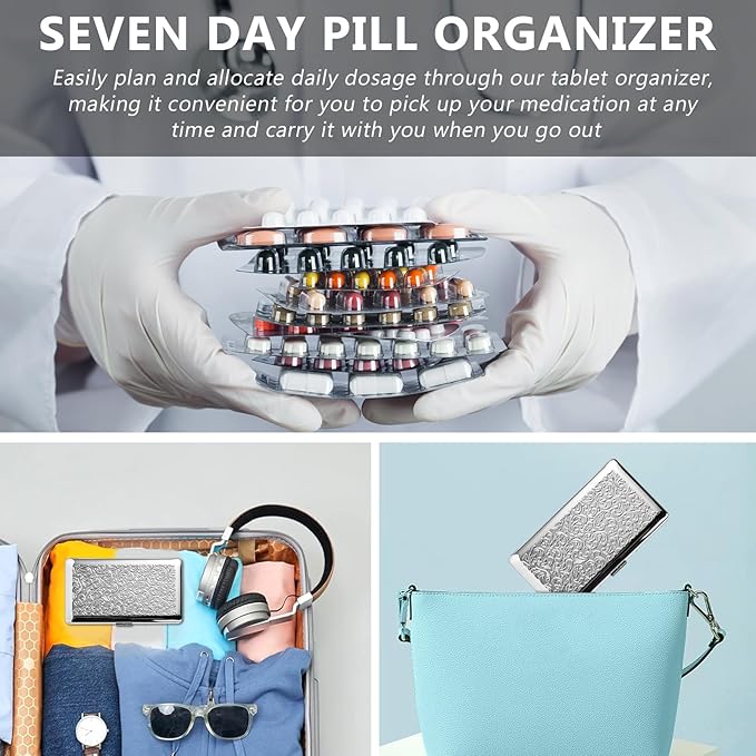 Portable 7-Day Metal Pill Case, Featuring 8 Compartments—Perfect for Travel. BPA-Free. (L-Silver, Large)