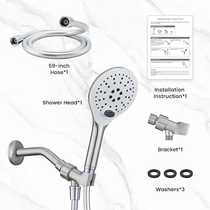 KPW Handheld Shower Head with 59" Hose Brushed Nickel Detachable Shower Head Adjustable Bracket High Pressure Handheld Shower Head RV Shower Head