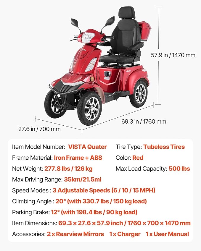 VEVOR Heavy Duty 4-Wheel Mobility Scooter, Powerful 1000W Brushless Motor, 500 lbs Capacity, 21.5 Miles Long Range, All Terrain Mobility Scooter with Lockable Trunk for Seniors & Adults