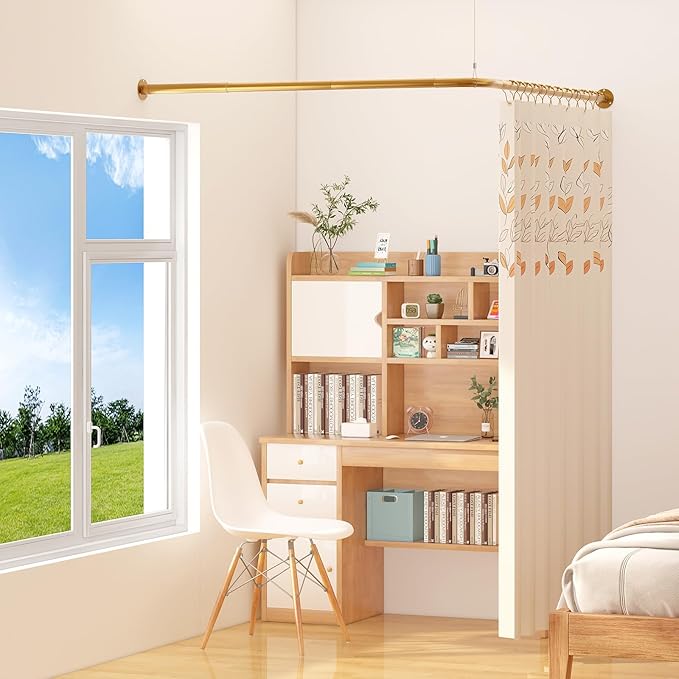 L Shaped Corner Shower Curtain Rod, 24" - 53" x 24" - 53" Adjustable 90 Degree Curved Bathroom Rod Square Rail No Sag with 12 Hooks & Ceiling Support - Gold