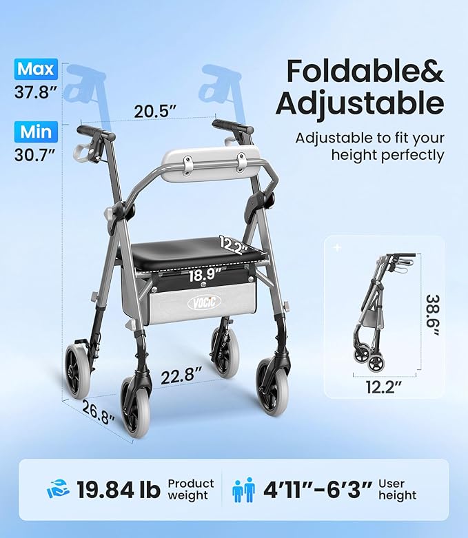 VOCIC Walkers for Seniors, Z11 Rollator Walker with Seat, Max 380 lbs, Avant Walkers with Ergo Seat & Backrest, Foldable Rollator Adjustable Height, All Terrain Walker, Lightweight