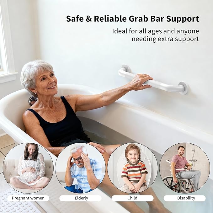 Shower Grab Bar 20 Inch, iHansee White Bathroom Grab Bar w/Anti-Slip Knurled Grip - 1.25" Diameter, Stainless Steel Bath Safety Bars for Senior Elderly, Wall Mounted Toilet Bathtub Balance Handrail