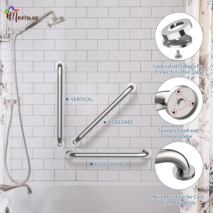 2 Pack 24 Inch Shower Grab Bar, iMomwee Chrome Stainless Steel Bathroom Grab Bar Handle, Bathroom Shower Balance Bar,Safety Hand Rail Support,Handicap Elderly Senior Assist Bath Handle(1.5" Diameter)