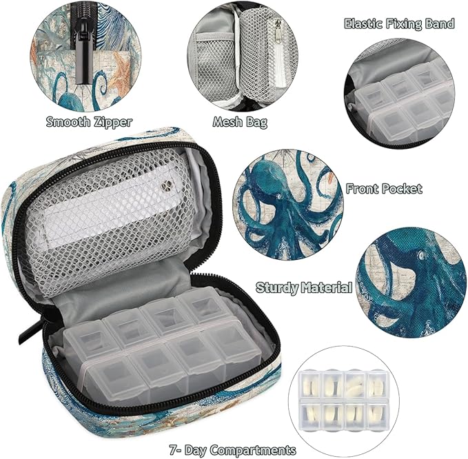 Weekly Travel Pill Organizer Case for Purse with Removable 7 Day Box Portable Compact Size Pill Box Fashionable Pill Container for Medicine Vitamin Supplement Vintage Sea Octopus