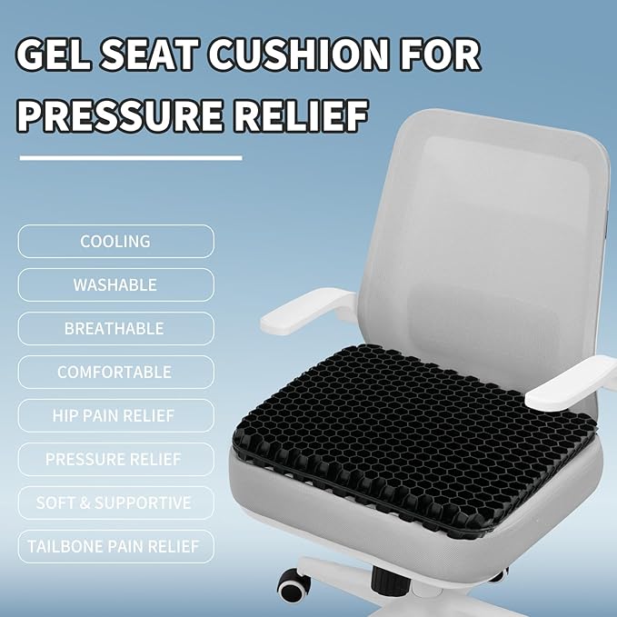 Gel Seat Cushion for Long Sitting - 16.5" x 14.5" x 2.4" (Extra Thick＆Soft) Gel Cushion for People Over 185 lbs, Pressure Relief Cushion for Office Chair, Egg Cushions for Wheelchair, Gel Pad for Car