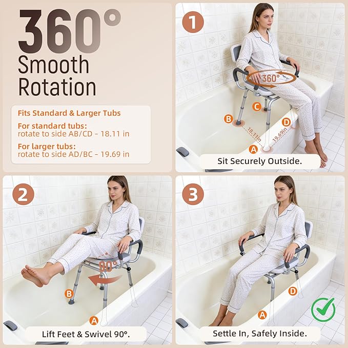 Swivel Shower Chair with Arms & Back, 400lbs Heavy Duty Shower Chair for Elderly and Disabled, Height Adjustable Shower Stool for Inside Shower, Non-Slip Rotating Shower Bench Seat for Tub Transfer