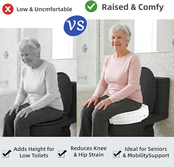 Toilet Seat Riser Cushion, 3 Inch Padded Toilet Seat Cushion for Seniors, High-Density Foam with Velcro Fastening, Stable & Non-Slip, Fits Standard & Elongated Toilets