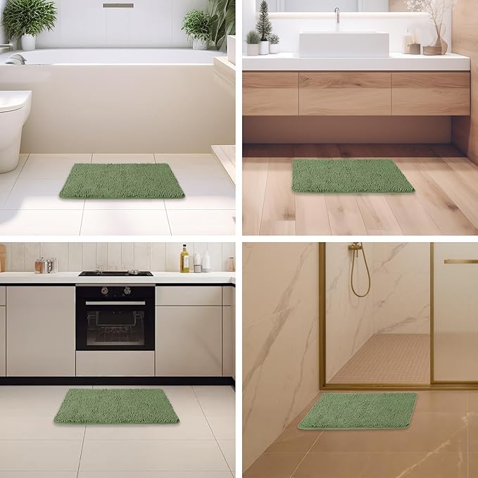 Loden Green Bathroom Rugs – Absorbent and Washable Bath Mat, Non-Slip, Thick Soft Chenille Bath Rugs for Bathroom, Shower, Sink - 17" x 24"