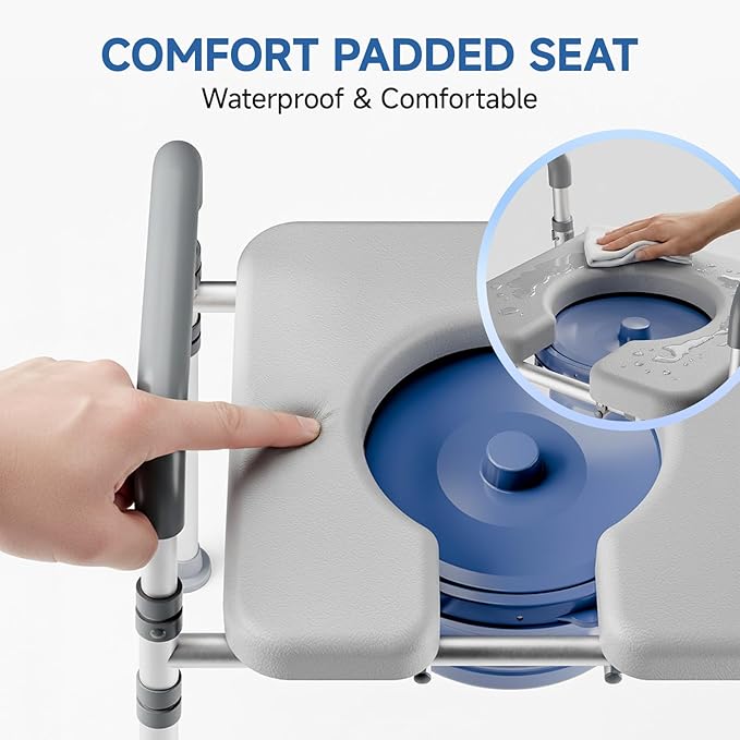 Loyoda Bedside Commode with Bucket for Seniors, Toilet Chair with Padded Handles & Seat, 400 LBS Bedside Toilet with Adjustable Height & Width for Pregnant, Disabled, Handicapped,(Gray)