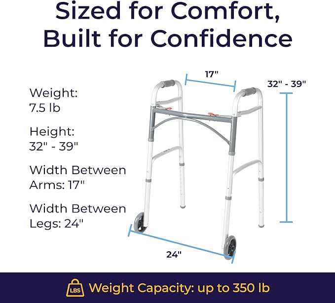 Drive Medical Two-Button Folding Walker With Wheels - Lightweight Rolling Mobility Support - Adjustable Height - Dual Push-Button Operation - 5 Inch Front Wheels - Durable Aluminum - Silver