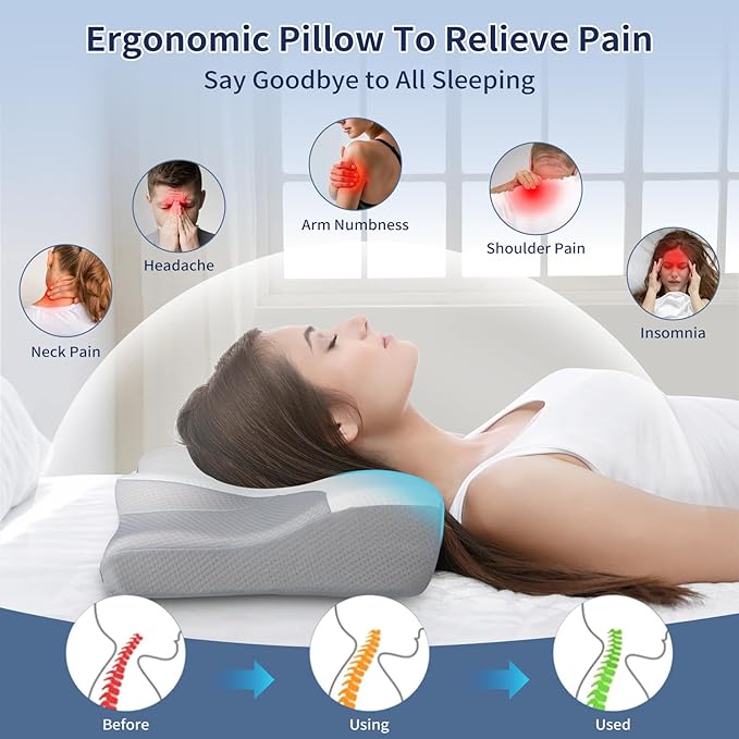 Cervical Pillow for Neck Pain Relief, Hollow Design Odorless Memory Foam Pillows with Cooling Case, Orthopedic Bed Pillow for Sleeping, Support for Side Back Sleepers