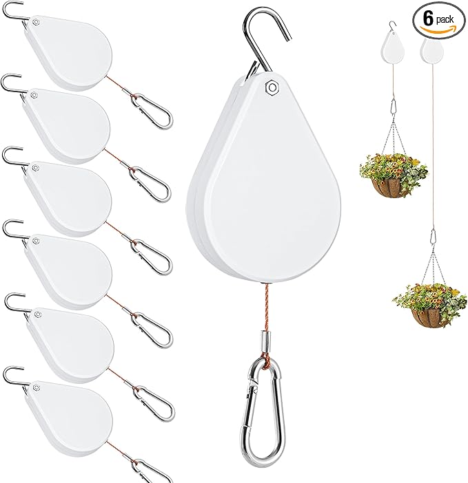 WROSWT Upgraded Retractable Plant Hanger,Plant Pulleys for Hanging Plants,Easy to Raise and Lower,Auto Lock,Heavy Duty,Adjustable Hook for Garden Baskets Pots,Birds Feeder,(6Pcs,White)