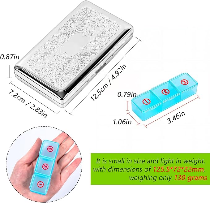 Pill Organizer with 3 Compartments 7 Day Metal Pill Box for Fish Oil/Food Supplements Travel Pill Box. (Rectangle-Silver, Large Rectangle)