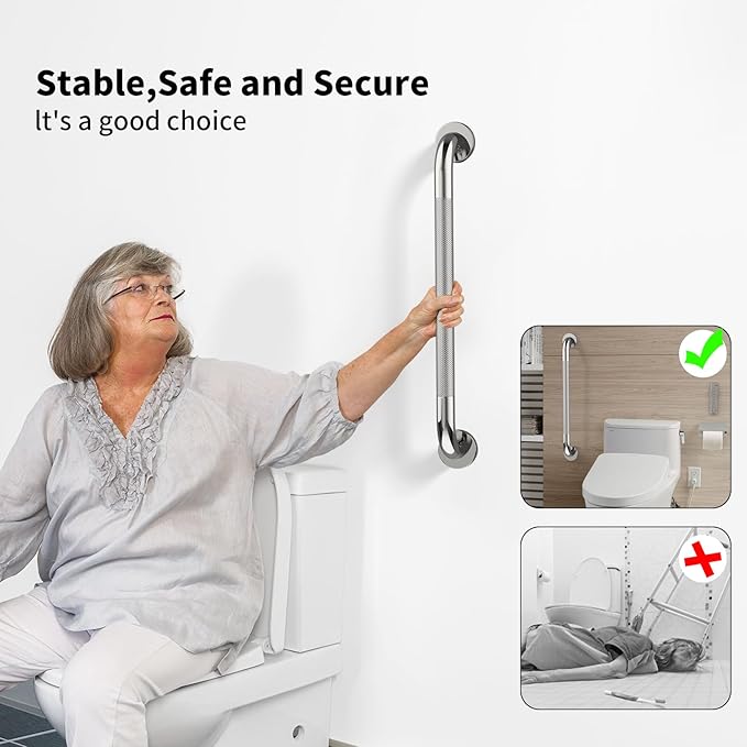 32-Inch Anti Slip Grab Bar for Shower (2 Pack), YuanDe Chrome Stainless Steel Bath Safety Rail with Knurled Grip, Shower Handrail Support for Handicap & Elderly Balance Assist, 1.25" Diameter