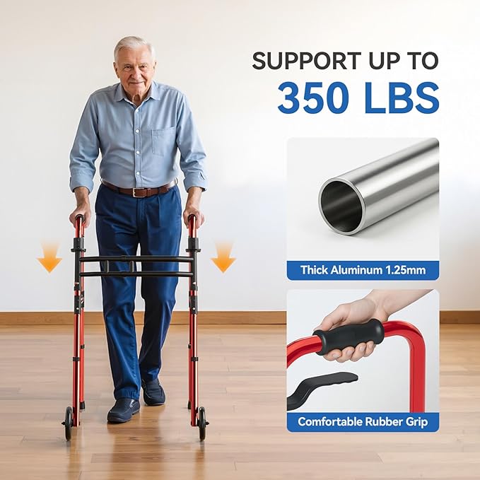 Loyoda Folding Walkers for Seniors Lightweight Walker with 5'' Front Wheel Height and Width Adjustable Aluminum Standard Walker for Elderly Handicap (Red)