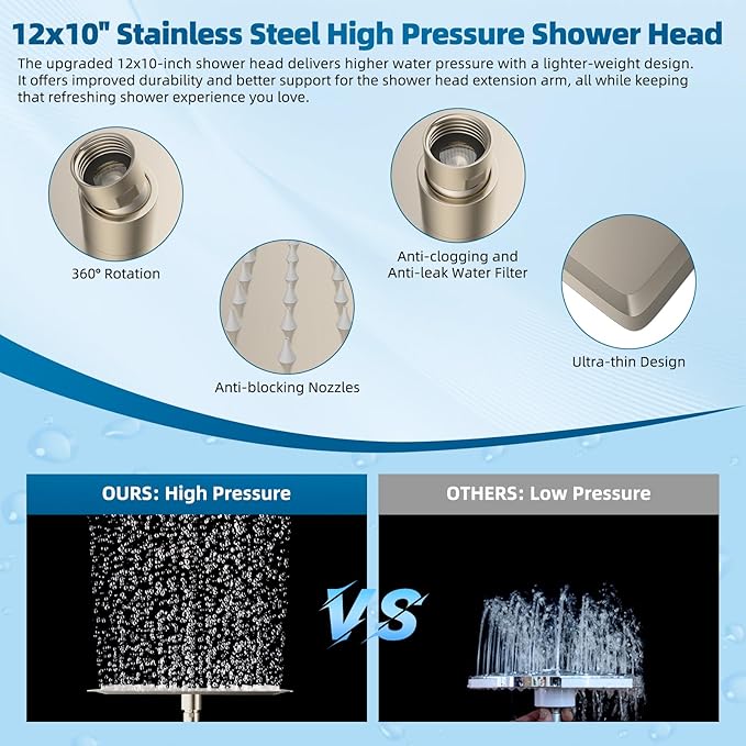 Hibbent All Metal cUPC Certified Shower Head, 12'' High Pressure Rain Shower Head, Handheld Showerhead Combo with 16'' Adjustable Extension Arm, 10 Sprays, 71'' Hose, Showerhead Holder, Brushed Nickel