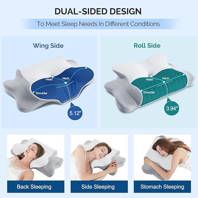 Cervical Pillow for Neck Pain Relief - Cooling Ergonomic Dual-Sided Orthopedic Neck Pillow with Ice Silk Pillowcase, Breathable Memory Foam Contour Pillow for Side/Back/Stomach Sleepers