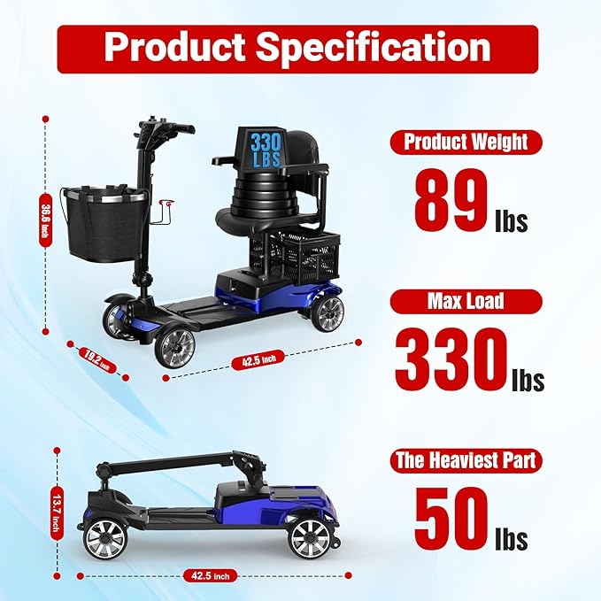 Mobility Scooter for Adults, 4 Wheel Motorized Mobility Scooter w/Dustproof Cover, 350LBS Capacity & Detachable Battery, 15Miles Electric Powered Mobility for Outdoor (Blue, 15 MI)