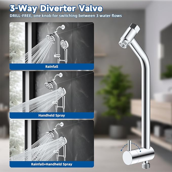 All Metal Dual Shower Head Easy Reach, High Pressure 10-Spray Handheld & Rainfall Shower Head Combo with Shower Extension Arm, 71" Hose, 3-way Diverter, Brass Shower Bracket, Chrome