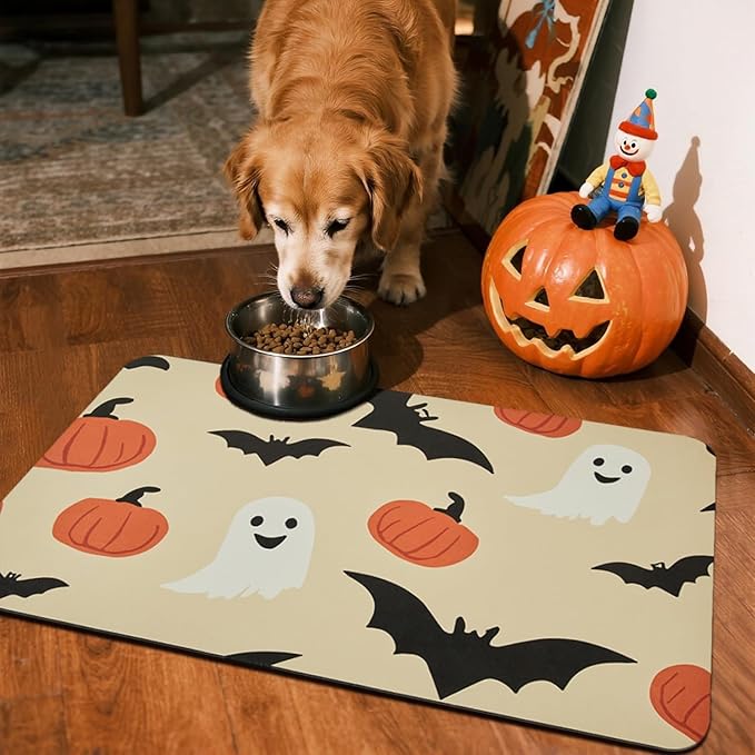 TYUU Halloween Bath Mat, Thin Bathroom Rug Non Slip Quick Dry Pumpkin Bath Mat Fits Under Door Thin Floor Mat Halloween Decor, 17''x30'', Pumpkins Bats and Ghost