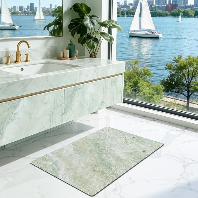 LUMI Ultra Thin Bath Mat, Super Absorbent Quick Dry Bathroom Rugs, Non-Slip Bathroom Mats, Marble Bathmats Fit Under Door, Bathtub, Sink, Shower Room, 24"x36", Green