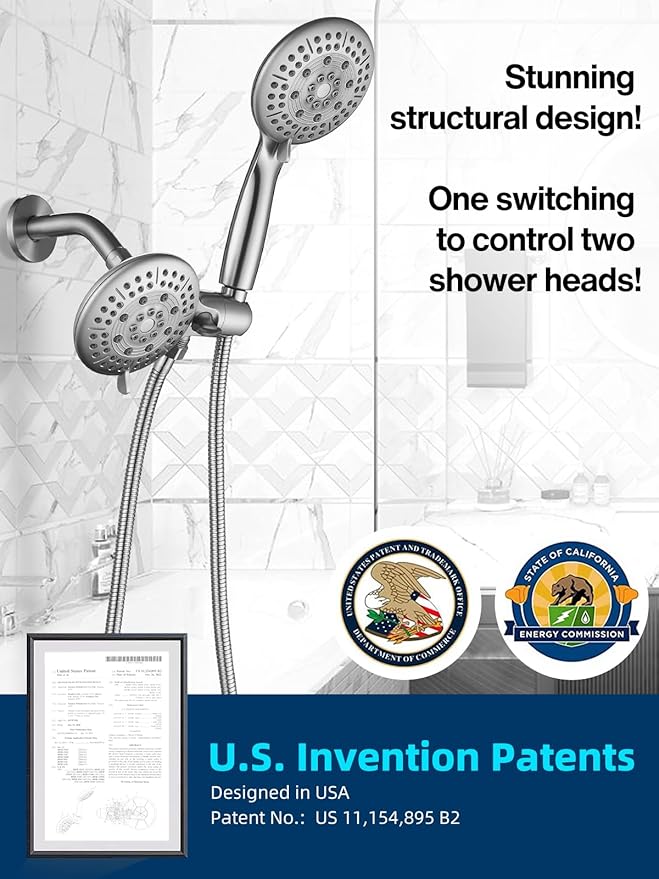Cobbe 48-Setting High Pressure 3-Way Shower Head Combo, Hand Held Shower & Rain Shower Separately or Together, 4.7" Dual 2 in 1 Showerhead with Hose - Brushed Nickel - U.S. Invention Patents