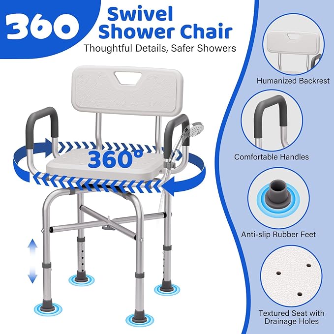360° Swivel Shower Chair for Inside Shower,500lbs Swivel Shower Chair with Arms andBack, Adjustable Height Shower Chair forElderly and Disabled with Stable Non-SlipDesign Bathroom Tub Stool