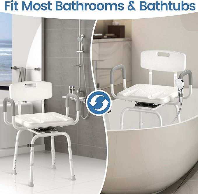 Swivel Shower Chair with Removable Back and Arms, Shower Chair for Inside Shower & Bathroom Seat, 5-Level Height Adjustable Shower Chair for Elderly and Disabled, Gray