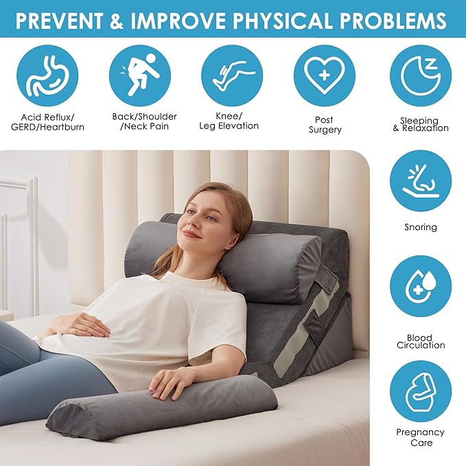MEGCXIT 4PCS Bed Wedge Pillow for Headboard, Adjustable Wedge Pillow for Sleep Apnea, 23” Wide Triangle Pillow Wedge Set for After Surgery, Acid Reflux Relief, Snoring, Neck&Back Support, Grey