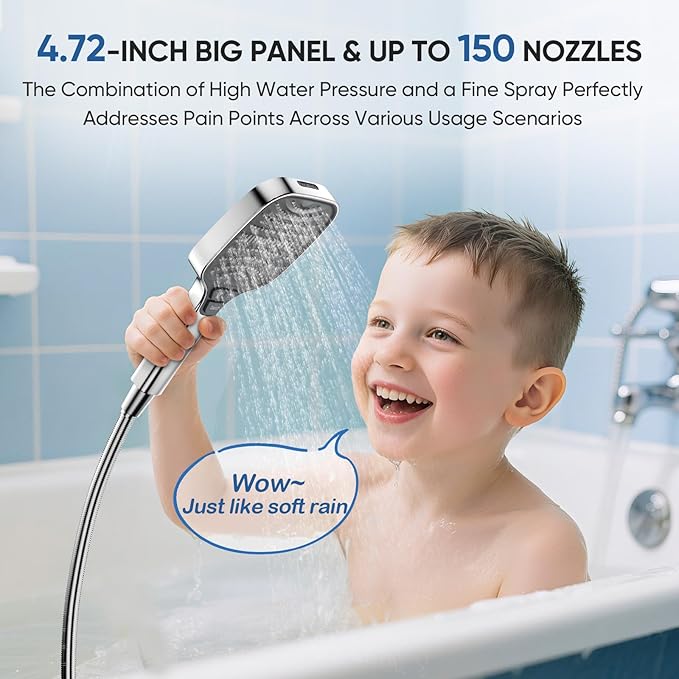 High Pressure Shower Head with Handheld,8 Modes,Heat-Resistant Premium ABS Material,Anti-clog Nozzles,Built-in Power Wash to Clean Tub,Tile & Pets,59″ SUS 304 Hose & Thickened Bracket,Silver