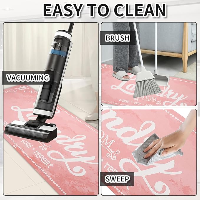 XLHOMO Laundry Room Rug Runner, 17"x60" Non Slip Pink Nappa Leather Laundry Rugs, Farmhouse Washable Floor Laundry Mats for Laundry Room, Kitchen, Washroom, Bathroom, Mudroom, Hallway Entryway Decor