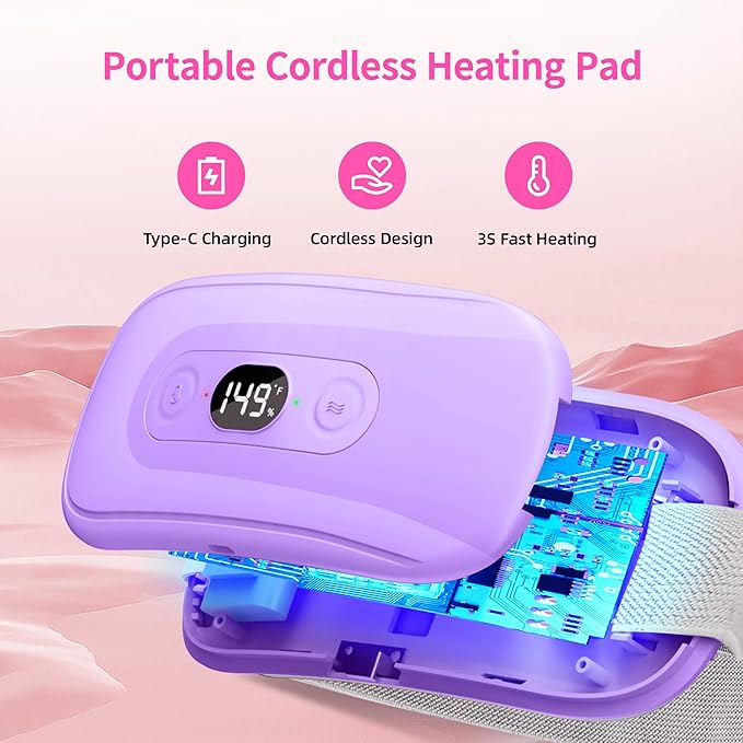 Portable Heating Pad Period Cramps: 2 Timer 6 Heat Levels 6 Vibration Modes Cordless Electric Heating Pad 3s Fast Heating Menstrual Heating Pad (Purple)