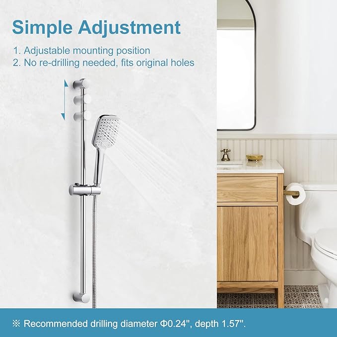 OFFO Shower Slide Bar Combo, Adjustable 31 in Slide Bar with 3-Mode Square Handheld Shower Head and 60 in Stainless Steel Hose, Screw Wall Mounted, Chrome Finish