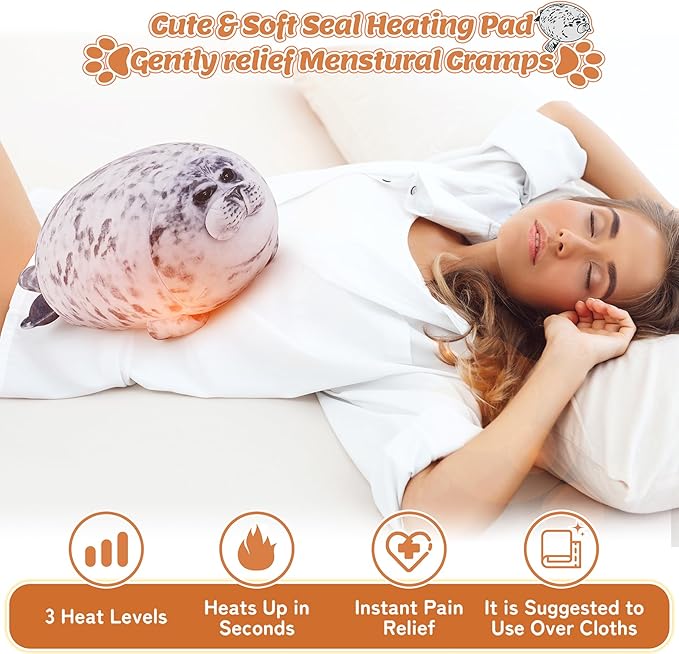 Electric Heating Pad for Period Cramps, Cuddly Soft 14" Seal Plush with a Hot Soft Belly USB Powered, Menstrual Heating Pad Neck Shoulder Pain Relief, Gift for Daughter Wife Period Heating Pad