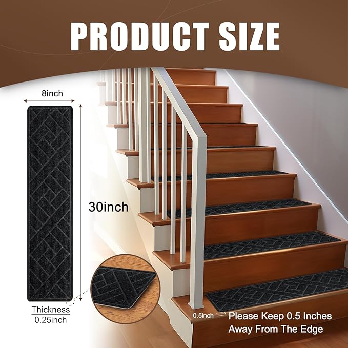 15 Pack 8 "X 30" Non-Slip Carpet Stair Treads for Indoor Wooden Steps, Made of Polyester and Reusable Adhesive, Suitable for Kids Elders and Pets（Black Lines）