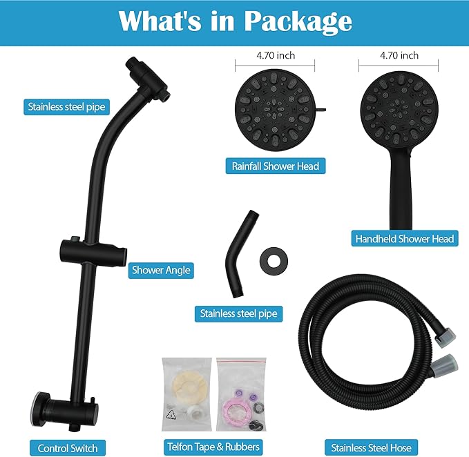 Lordear Rain Shower Head with Handheld Spray 7 Functions 3-Way Water Diverter Double Rain Hotel Spa Dual Bathroom Rain Shower Head Combo, Adjustable Sliding Bar,Black