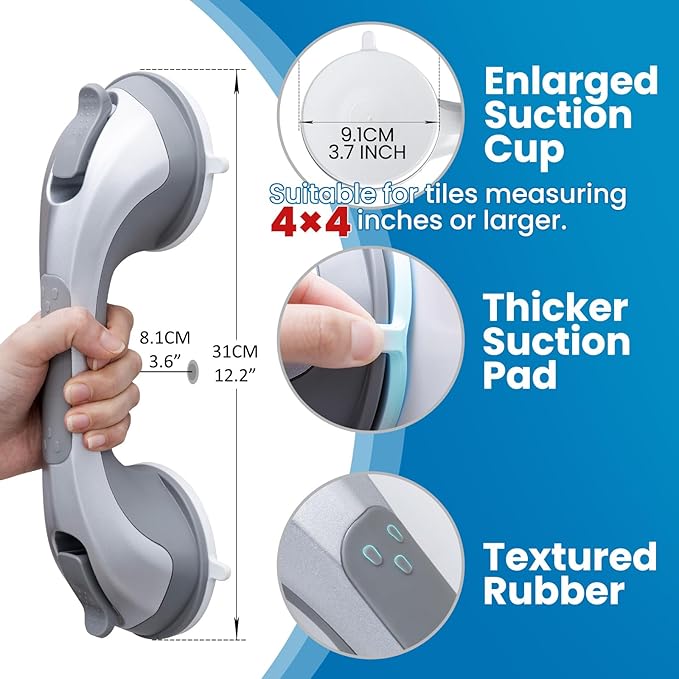 LEVERLOC Grab Bars for Bathtubs and Showers 2 Pack Suction Grab Bar, Heavy Duty 12 Inch Shower Handle Removable Handrails for Seniors and Elderly, Bathroom Safety Grip No Drilling Waterproof Silver