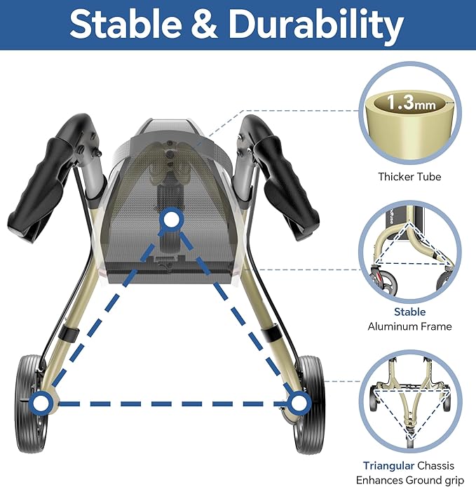 SOUNDFUSE 3 Wheel Walkers for Seniors, Lightweight Foldable Aluminum Rollator Walker, Height Adjustable Three Wheel Walker, Champagne