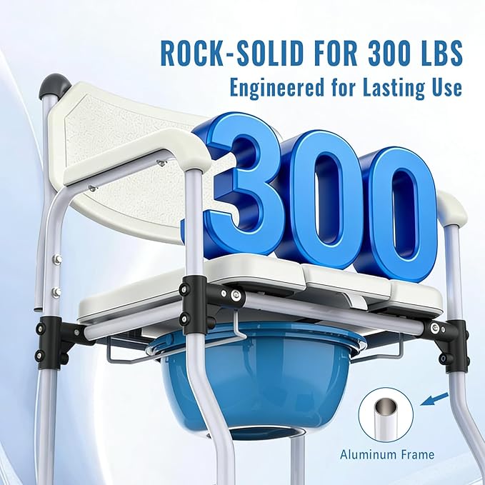 Bedside Commode Chair with 4 Lockable Wheels, 3 in 1 Wheelchair for Bathroom, Portable Toilet with Arms, Padded Seat, Footrests, Backrest for Elderly, Disabled Handicap & Seniors