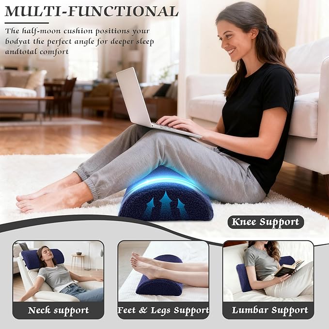 Queekay Recliner Leg Rest Cushion Large Half Moon Bolster Pillow 22.8 x 9.84 x 4 Inch Lumbar Support Pillow Bed Sleeping Semi Roll for Legs, Knees, Lower Back, Ankle and Foot Washable Cover(Navy Blue)