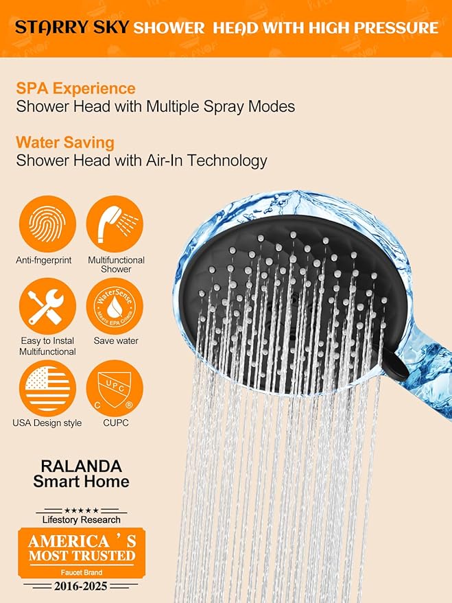 Handheld Shower Head with Slide Bar, 2.5GPM High Pressure 3-Function Adjustable Handheld Shower Head with 59-Inch Hose and Adjustable Holder (Matte Black)