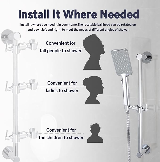 Shower Slide Bar Adjustable Handheld Shower Head Holder Wall Mount - 15inch All-Metal Shower Head Slide Bar Compatible with Bathroom Drill Free Glue Installation - Polished Chrome