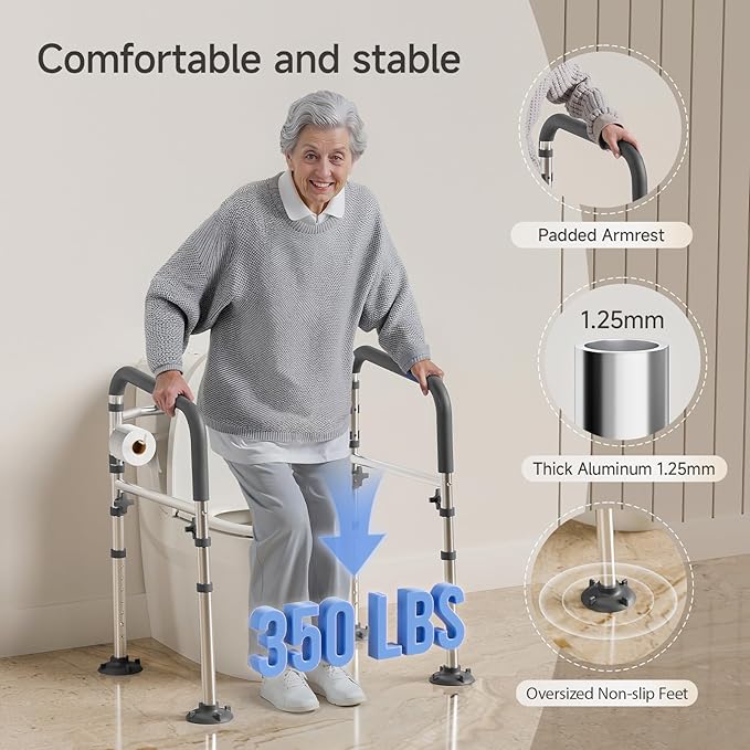 Loyoda Toilet Safety Rails,Height-Adjustable Toilet Frame Width-Adjustable Toilet Handles Foldable Toilet Rail Provides Support for Seniors ， Pregnant ，Disabled （Gray）