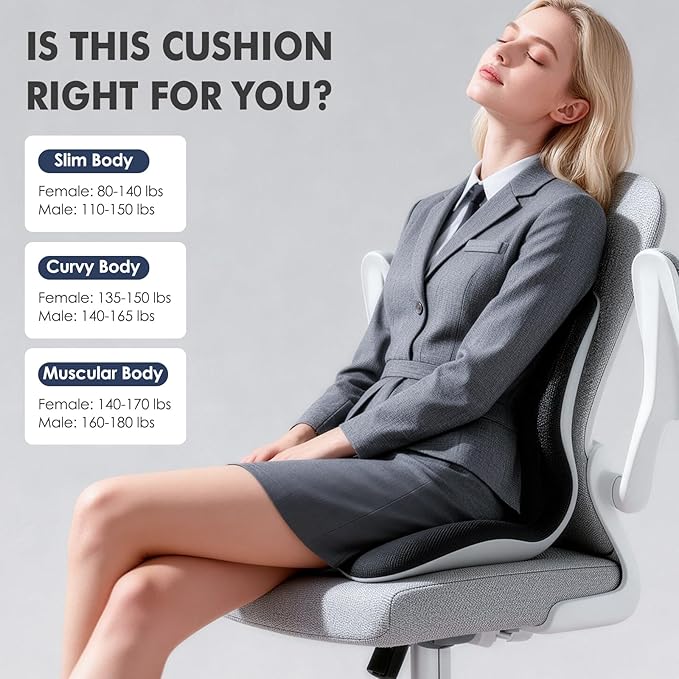 Civa Ergonomic Back Support Cushion for Office & Wheelchair, Posture Support for Long Sitting, Lumbar System & Extra-Thick Memory Foam for Sciatica Pain Relief (Max Hips 40", Waist 38")