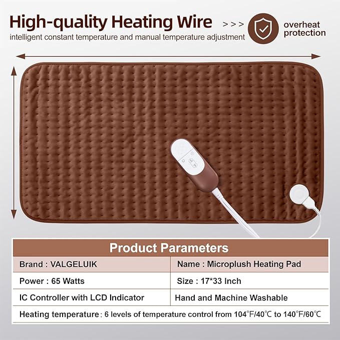 VALGELUIK 17x33 Heating Pad for Pain Relief | Ultra-Soft Microplush Fabric | 6 Adjustable Heat Settings (Moist & Dry) | Safe 2-Hour Auto Shut-Off | Perfect for Back, Neck, Shoulders | Great Gift Idea