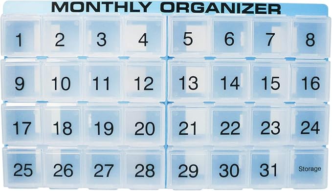 Monthly Pill Organizer | 31 compartments, 1 per Day, 4 Week Full Month 31 Day Pill Organizer | Includes Tray and 8 Removable compartments