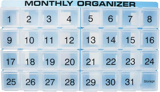 Monthly Pill Organizer | 31 compartments, 1 per Day, 4 Week Full Month 31 Day Pill Organizer | Includes Tray and 8 Removable compartments